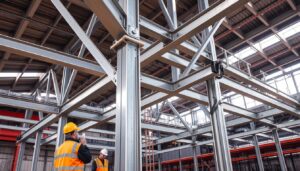 Charpente métallique d'un bâtiment industriel avec focus sur les assemblages structurels