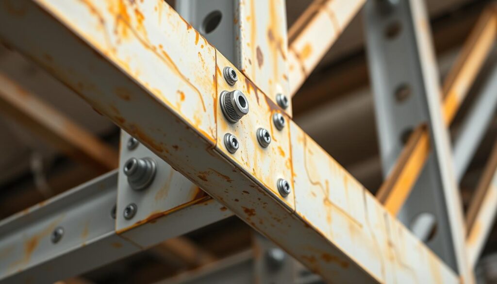 Détail d'assemblage de charpente métallique avec traitement anticorrosion