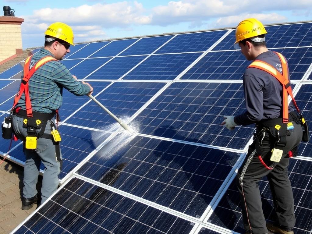 Équipe professionnelle réalisant le nettoyage de panneaux photovoltaïques sur un toit