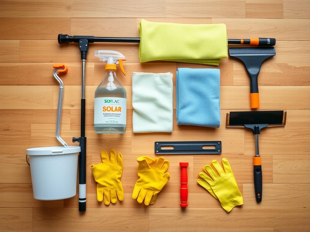 Équipements pour le nettoyage panneaux photovoltaïques incluant perche télescopique, brosse douce et eau déminéralisée