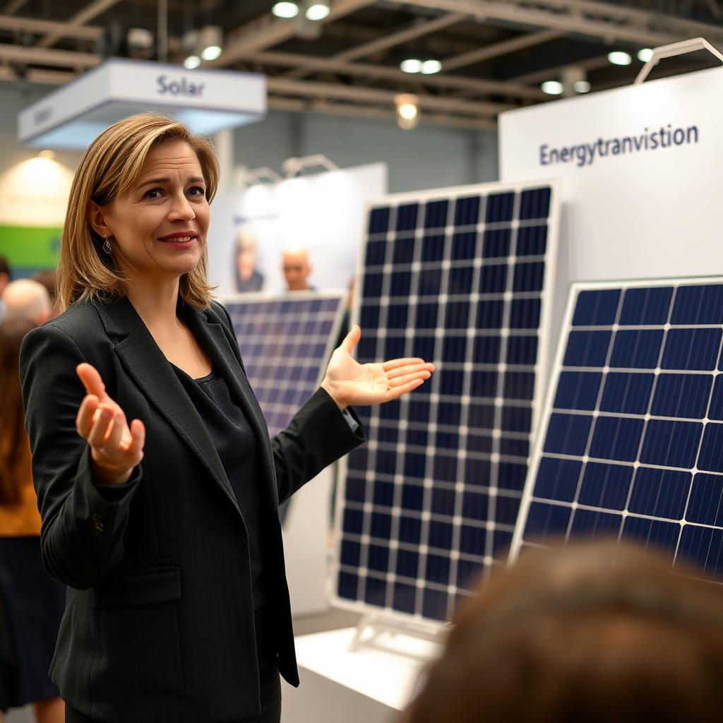Experte en transition énergétique présentant des panneaux photovoltaïques français