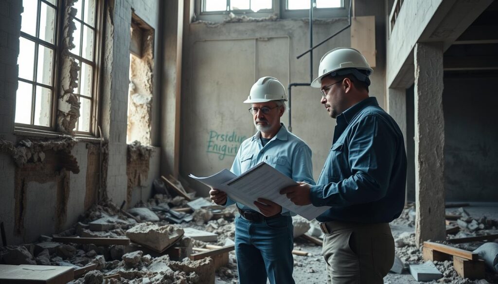 Experts évaluant des dommages de construction après liquidation judiciaire