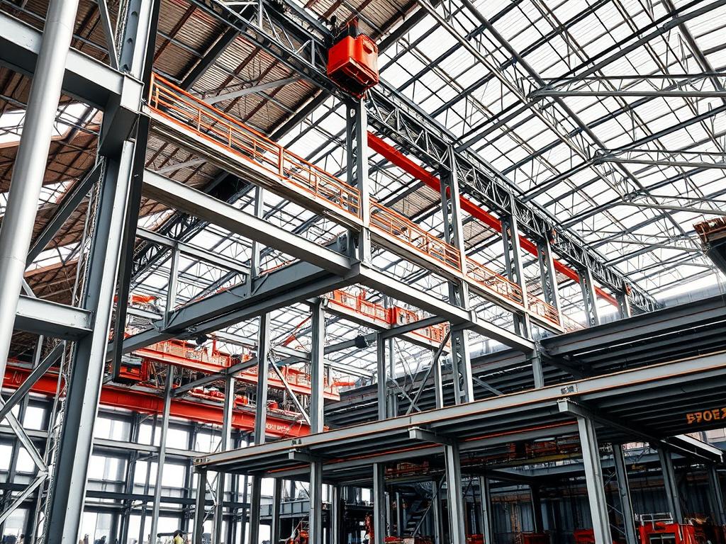 Grande charpente métallique industrielle avec détails structurels complexes
