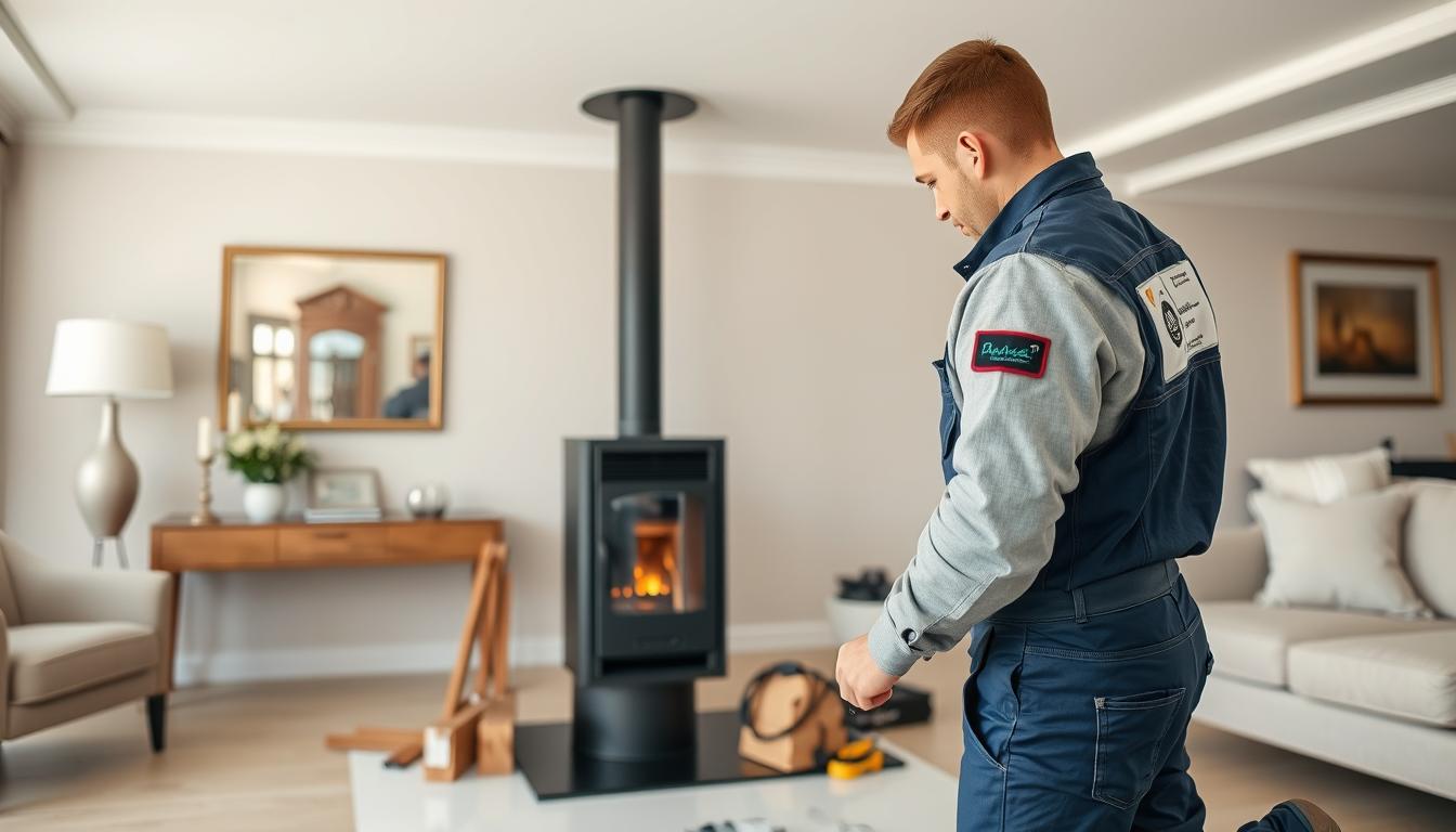 Installateur de poêle à granulés certifié RGE en train d'installer un appareil