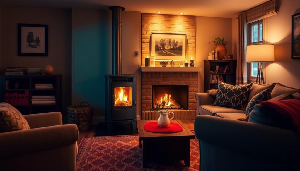 Intérieur confortable chauffé par un poêle à granulés avec soufflerie