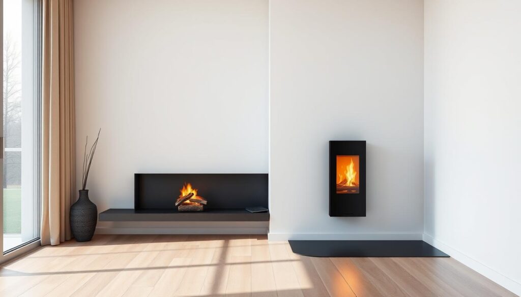 Intérieur moderne avec poêle à granulés extra plat silencieux parfaitement intégré