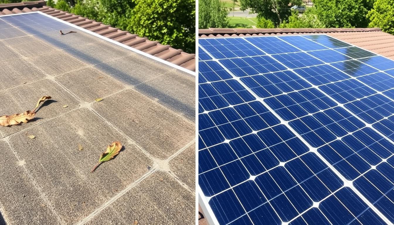 Panneau photovoltaïque sale à côté d'un panneau propre montrant la différence de nettoyage panneaux photovoltaïques