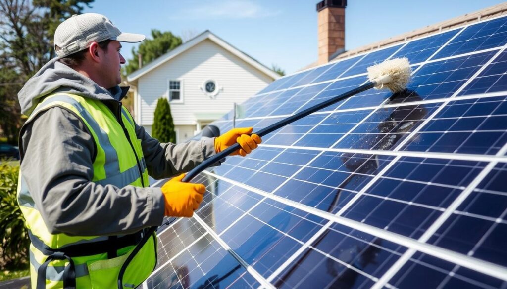 Personne nettoyant des panneaux photovoltaïques avec une perche télescopique depuis le sol