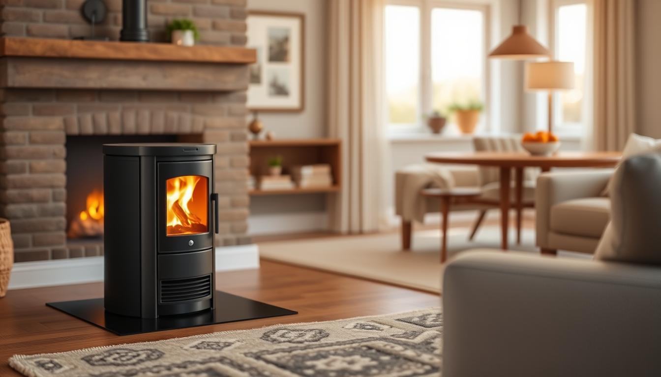 Petit poêle à granulé pas cher installé dans un salon moderne