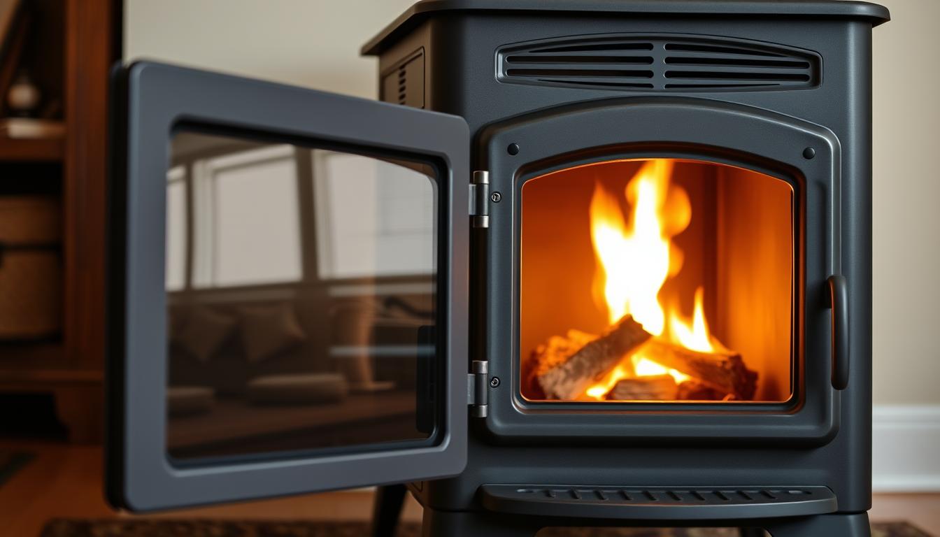 Poêle à granulés bien entretenu avec une flamme vive et propre