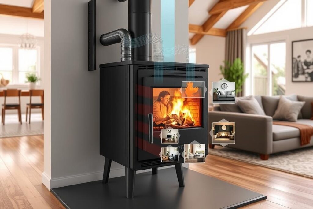 Poêle à granulés canalisable avec gaines de distribution