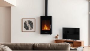 Poêle à granulés extra plat silencieux installé dans un salon moderne