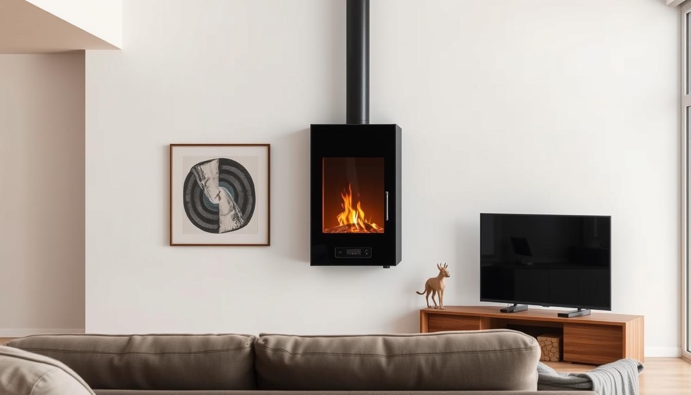 Poêle à granulés extra plat silencieux installé dans un salon moderne