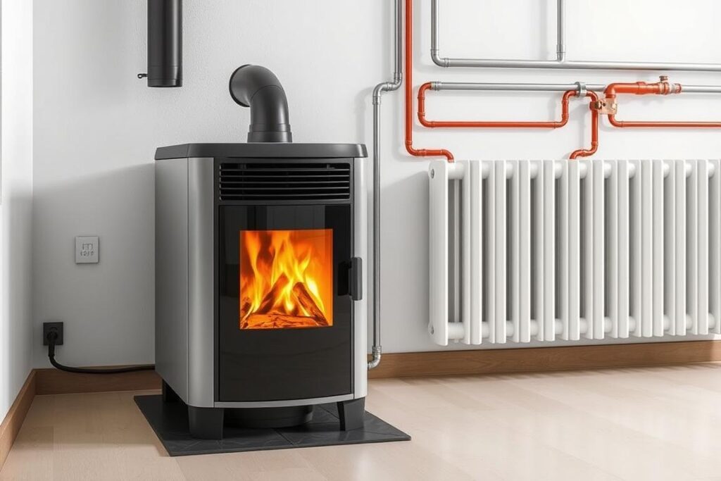 Poêle à granulés hydro connecté à des radiateurs