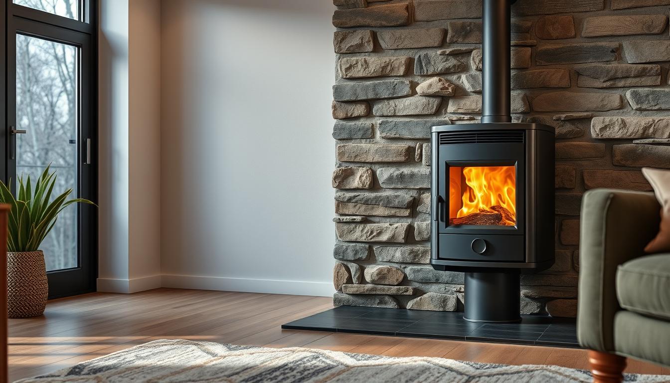 Poêle à granulés moderne dans un salon avec flamme visible