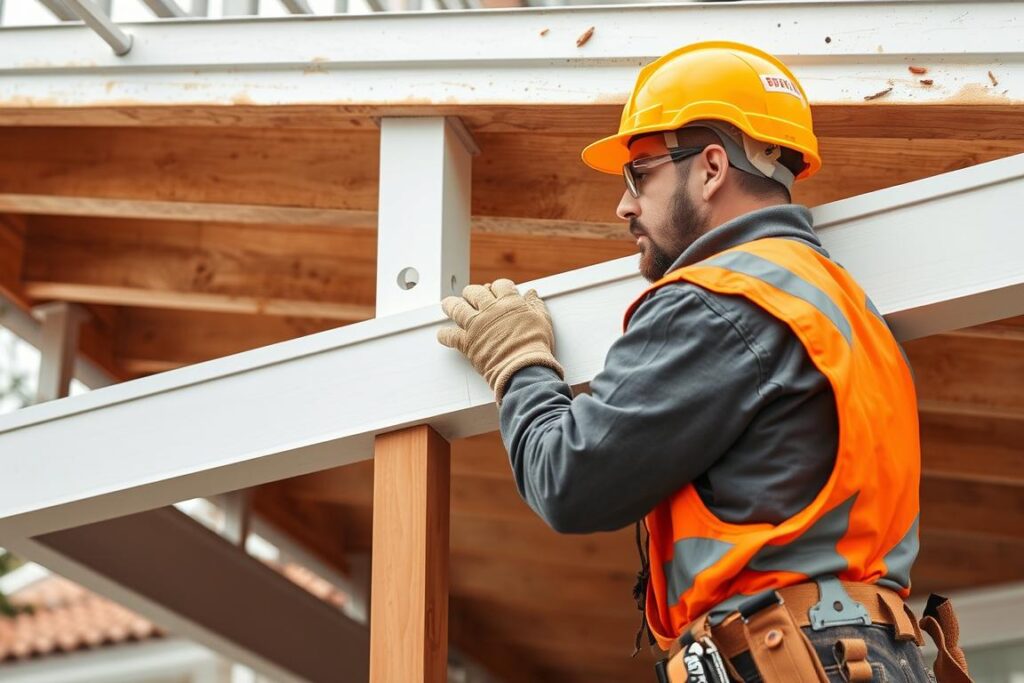 Professionnel installant une véranda avec équipement de sécurité