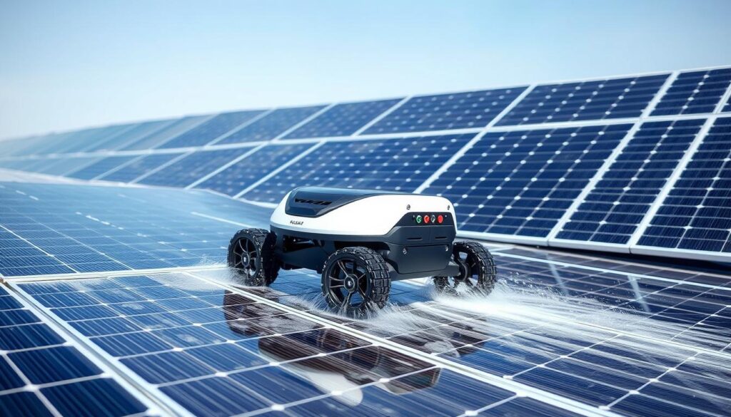 Robot de nettoyage automatique pour panneaux photovoltaïques en action
