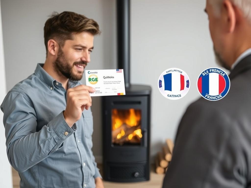 Technicien installateur de poêle à granulés montrant sa certification RGE Qualibois