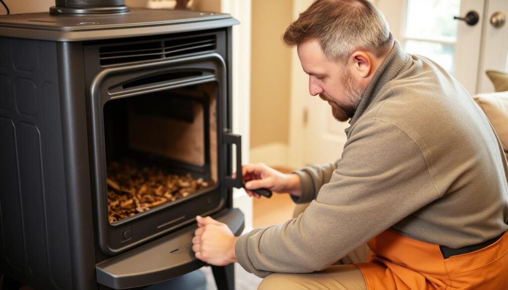 Technicien réalisant l'entretien annuel d'un poêle à granulés