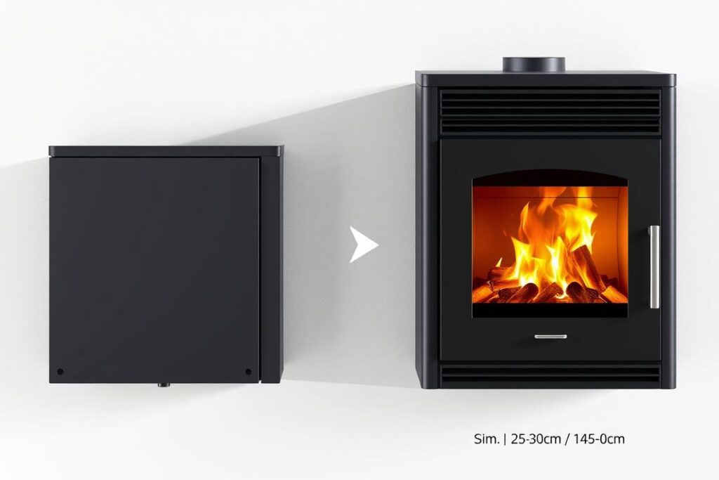 Vue de profil d'un poêle à granulés extra plat silencieux montrant sa faible épaisseur
