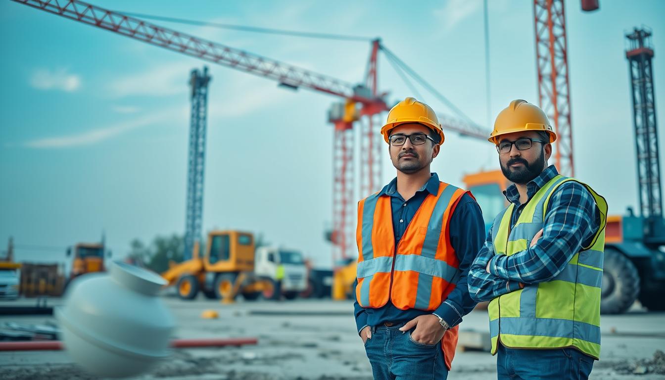 Chantier de construction avec équipements de sécurité et assurance chantier