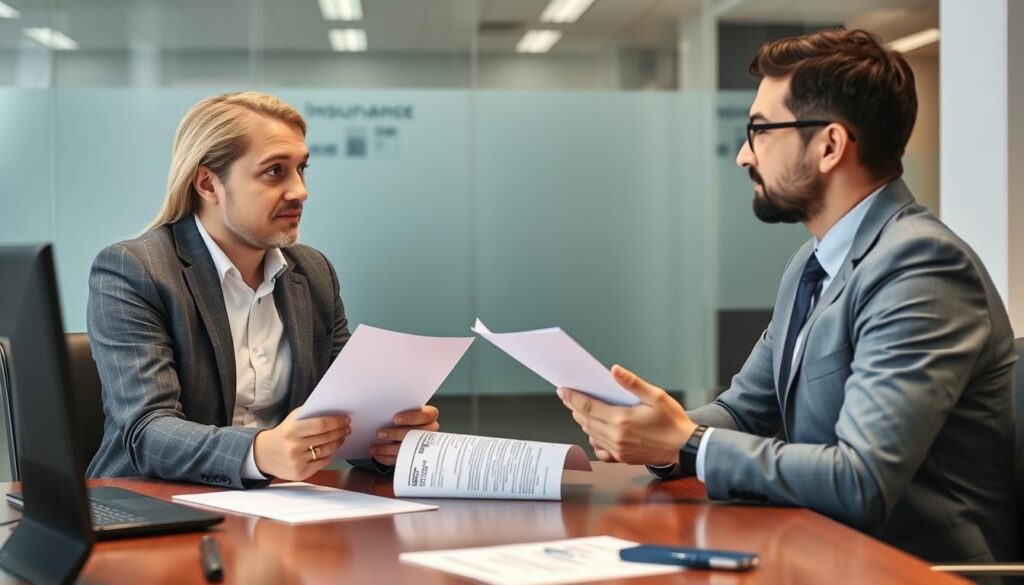 Personne négociant les conditions de son assurance emprunteur avec un conseiller bancaire Personne négociant les conditions de son assurance emprunteur avec un conseiller bancaire