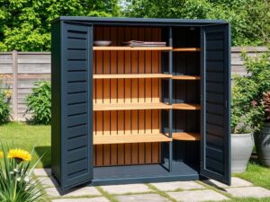 Armoire haute TecTake en polypropylène, une des meilleures armoires pour extérieur 2026 modulables