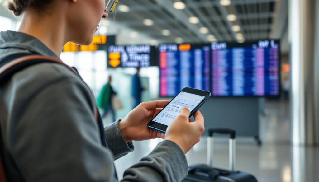 Voyageur consultant les conditions de son assurance voyage 2026 sur smartphone Voyageur consultant les conditions de son assurance voyage 2026 sur smartphone