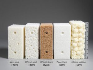Échantillons de différents matériaux isolants avec leurs épaisseurs respectives pour atteindre une résistance thermique R=4,5