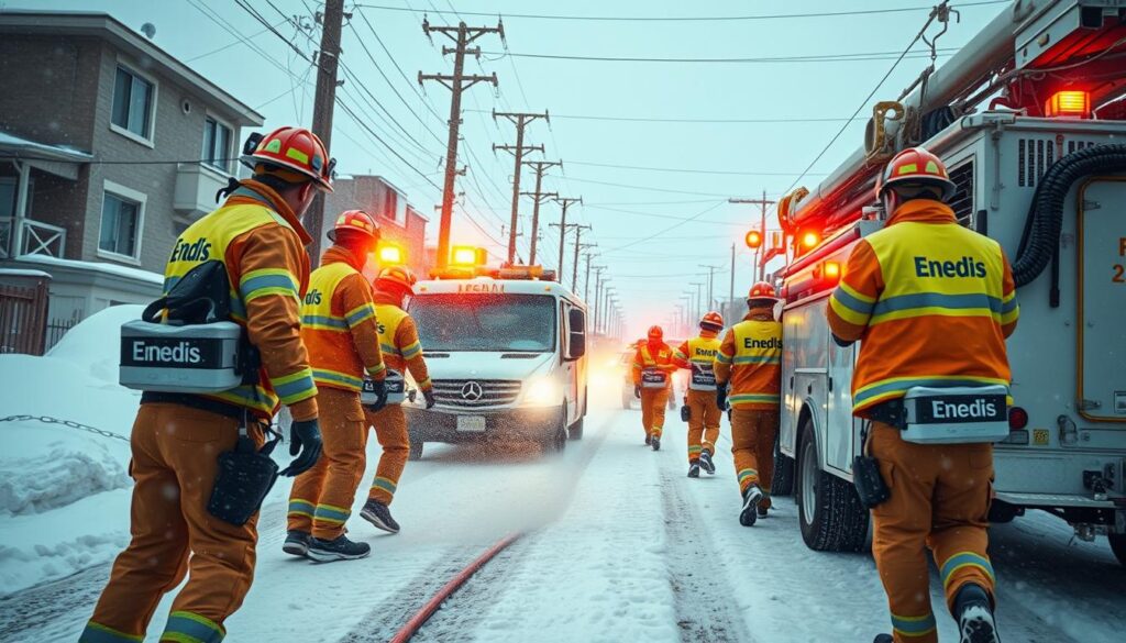Équipe de la Force d'Intervention Rapide Électricité (FIRE) d'Enedis en action
