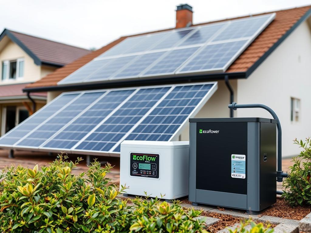 Kit solaire EcoFlow Power avec batterie de stockage et panneaux installés sur une maison