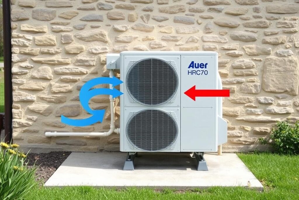 Pompe à chaleur Auer HRC70 installée dans un jardin avec visualisation des flux d'air et d'eau