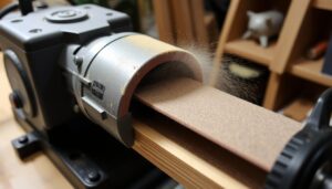 Ponceuse à bande en action sur une surface en bois