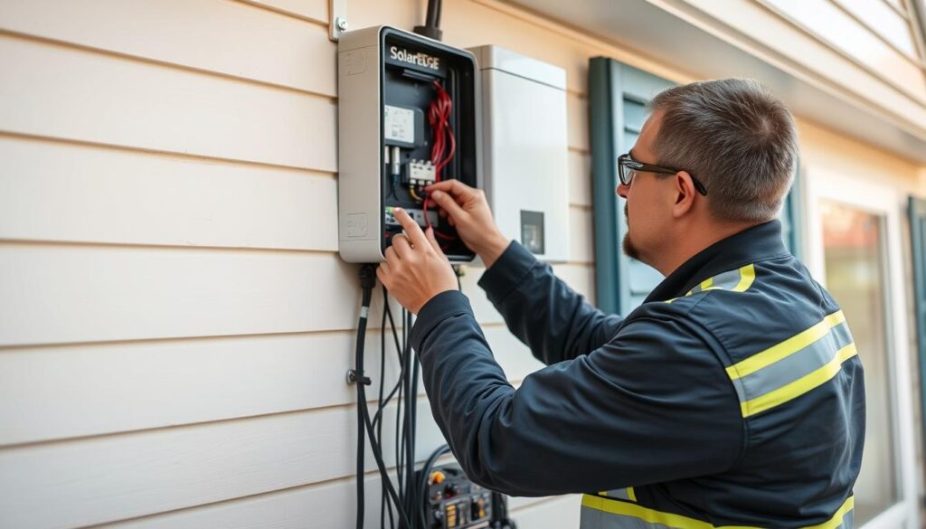 Technicien installant un onduleur SolarEdge dans une maison