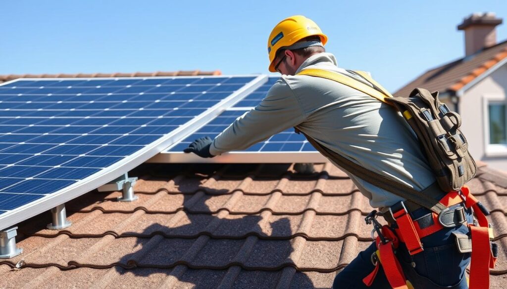 Technicien professionnel installant des panneaux solaires sur un toit avec équipement de sécurité