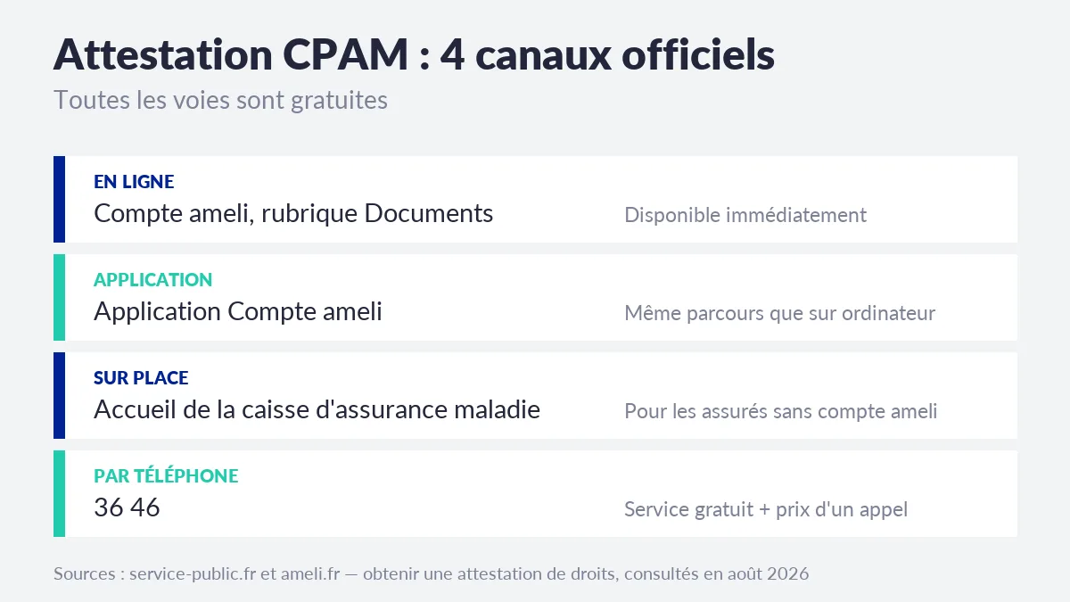 Les quatre canaux officiels pour obtenir une attestation CPAM : compte ameli rubrique Documents, application Compte ameli, accueil de la caisse et téléphone 36 46
